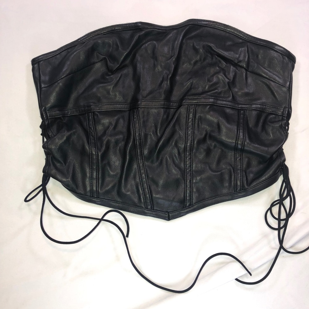 I.AM.GIA Black Faux Leather Lace‎ Up Corset Top Strapless Tube Large